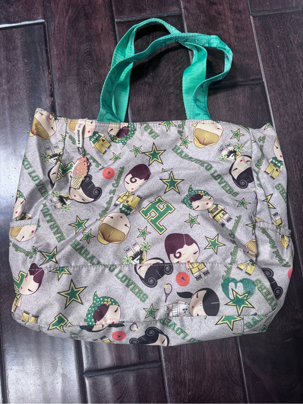 Vintage Harajuku lovers Green Handle Patterned Tote Bag